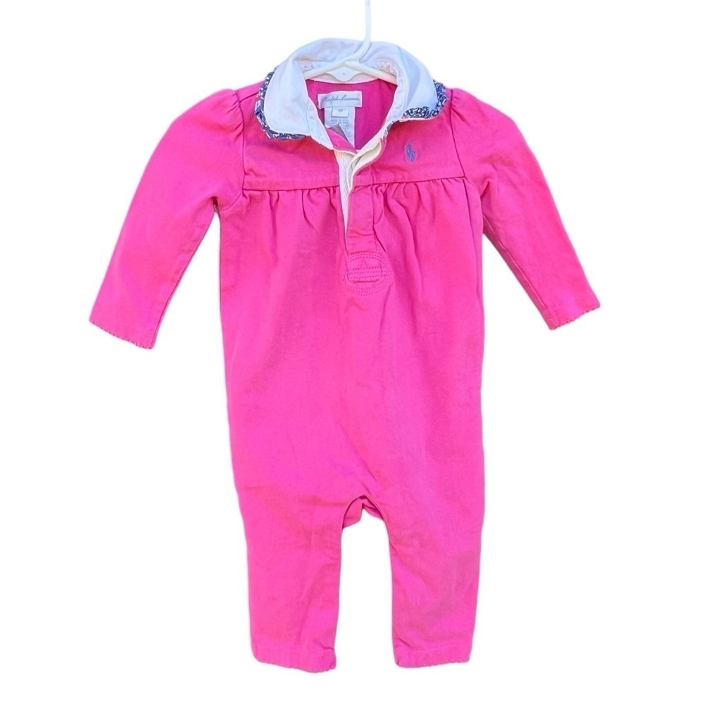 Ralph Lauren One Piece Jumpsuit Pink Ruffle Collar Snap Crotch 6 Mos GUC